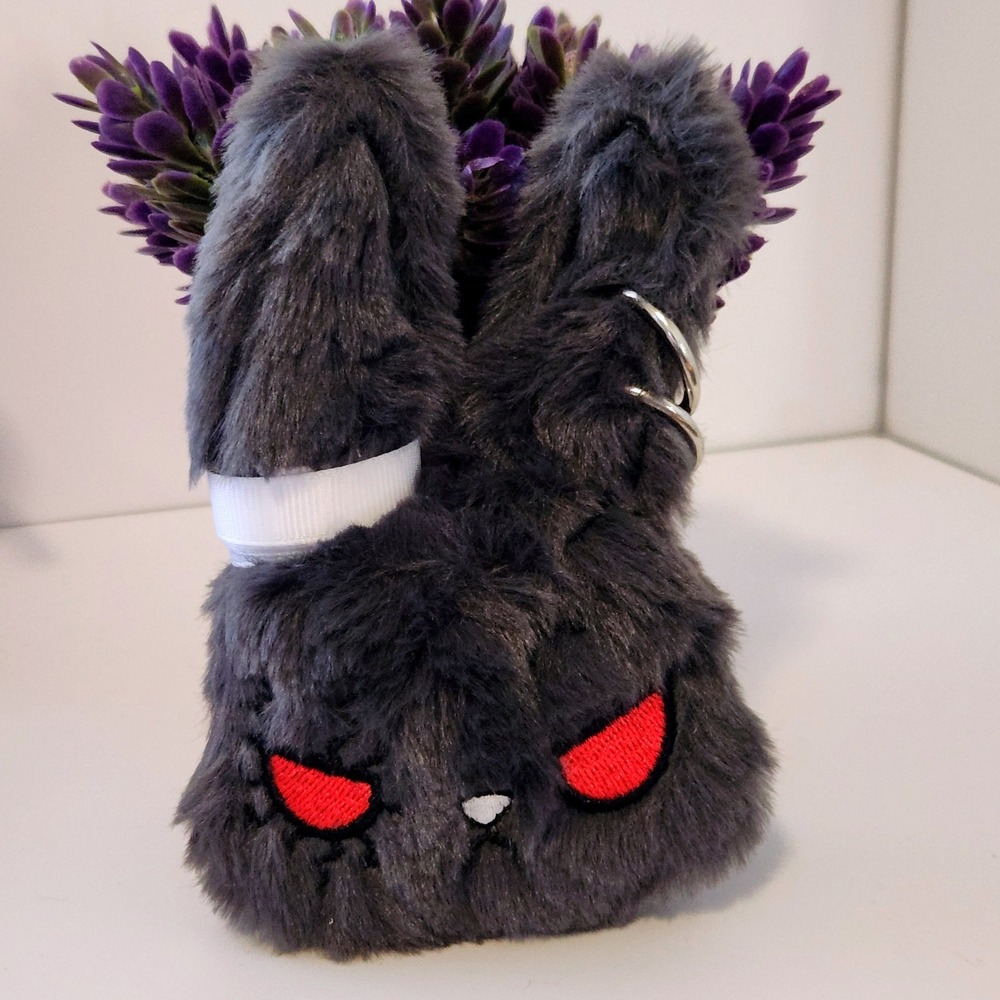 Dark Grey Plush Bunny Red Eyes Pierced Ear Gothic Alt Bag Charm Accessory 5.0"